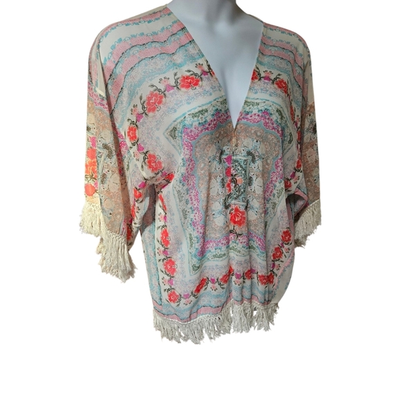 OPEN Floral Chiffon Fringe Boo-boo Style Swimsuit Cover-Up Size LG/XL - Picture 3 of 12